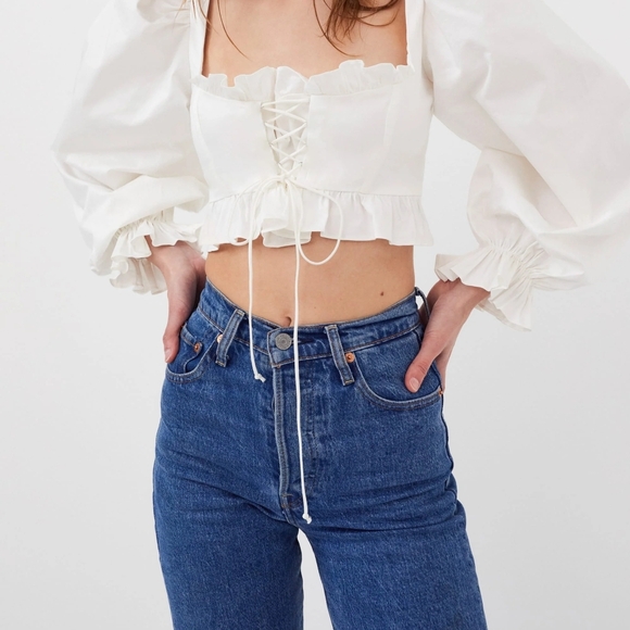 For love and lemons Heather White Long Sleeve Crop Top - Picture 1 of 6